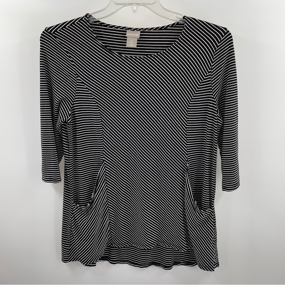 Chico's Knit Striped Pocket Front Tunic 3/4 Sleeve Black White High Low Hem Top